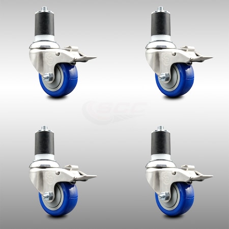 Service Caster 3.5 Inch 316SS Blue Poly Swivel 1-7/8 Inch Expanding Stem Caster Set Lock Brake SCC-SS316TTLEX20S3514-PPUBBLUE-178-4
